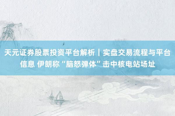天元证券股票投资平台解析｜实盘交易流程与平台信息 伊朗称“脑怒弹体”击中核电站场址